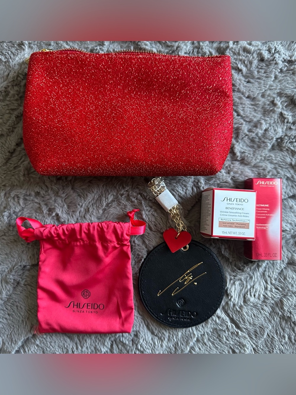 Shiseido Red Glitter Cosmetic Pouch with Drawstring and Black Leather Mirror